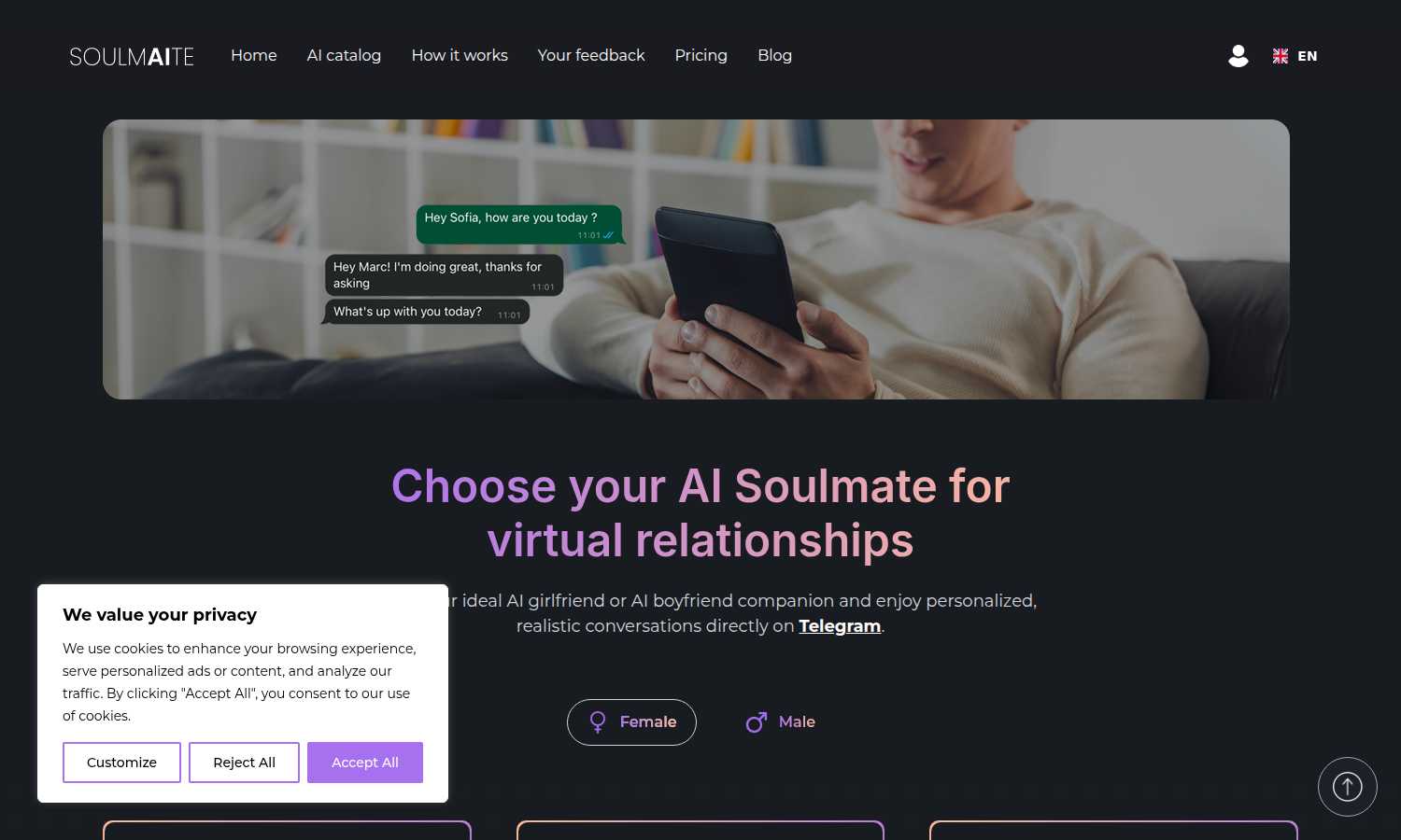 Soulmaite application interface and features