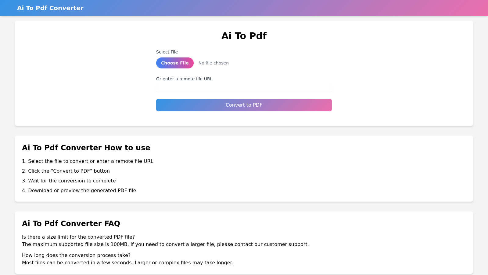 AI to PDF application interface and features