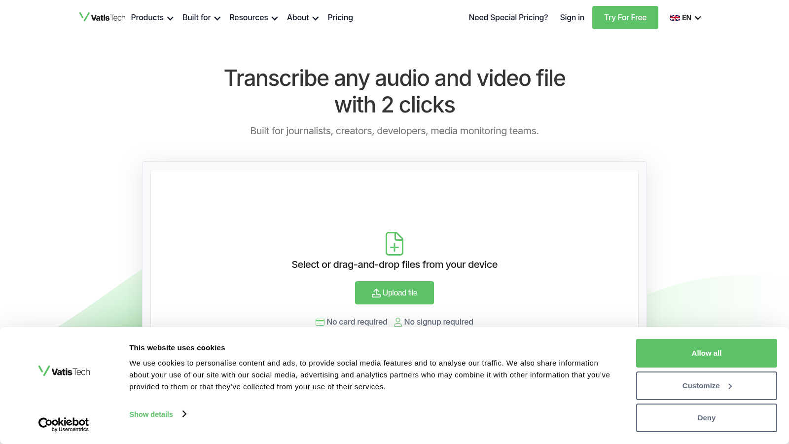 Vatis Tech application interface and features