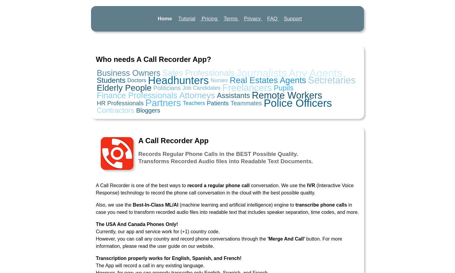 A Call Recorder Website