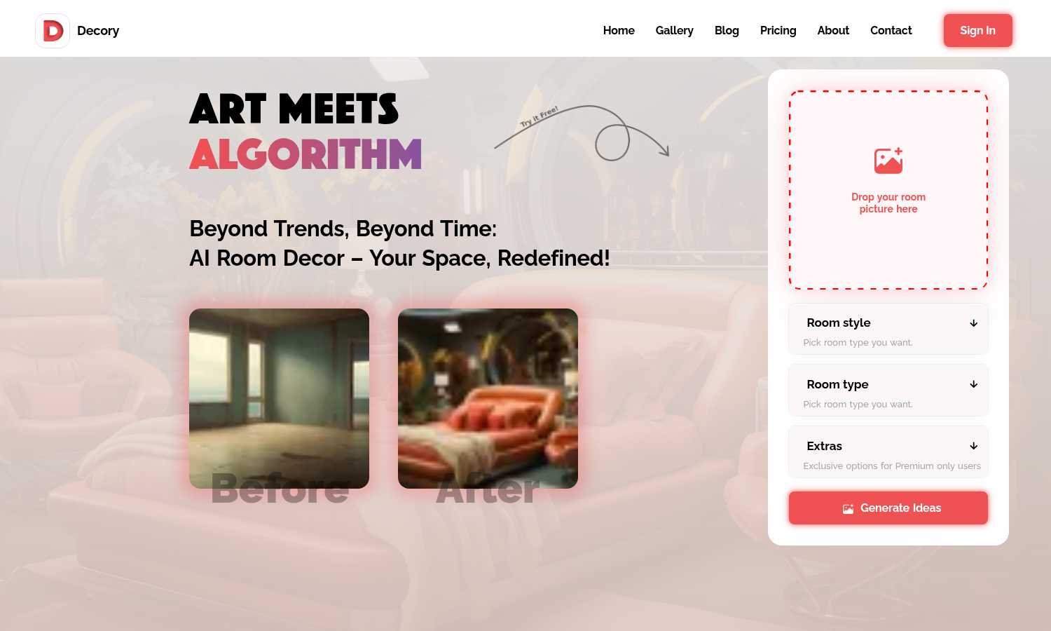 Decory application interface and features