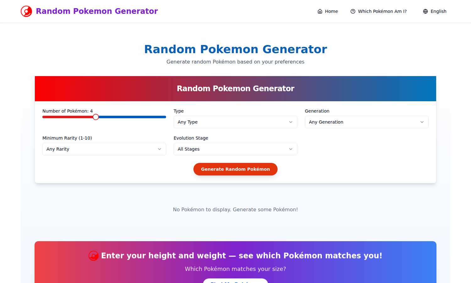 Random Pokémon Generator application interface and features